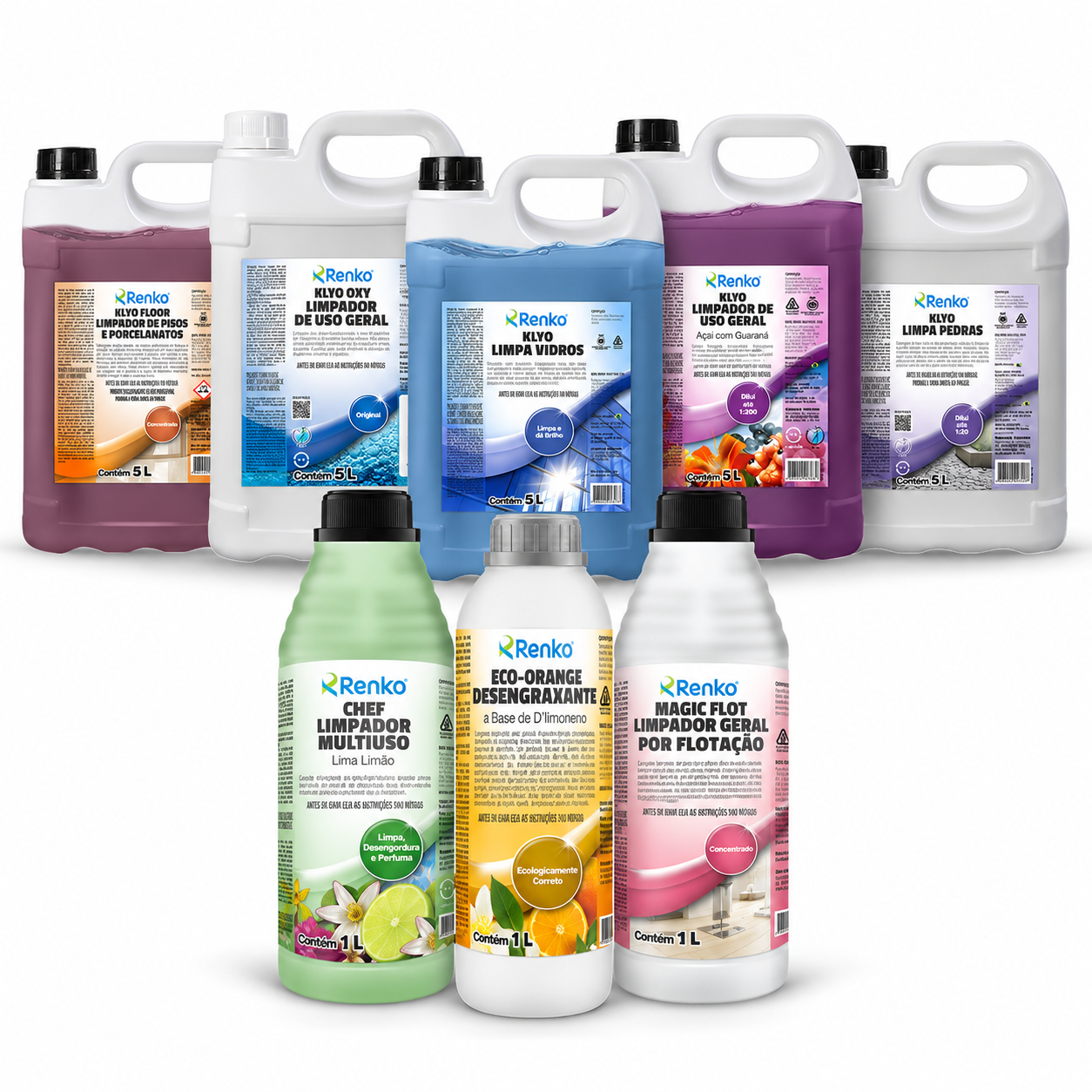 Variedade de produtos da linha Renko: limpadores, desengraxantes e concentrados profissionais