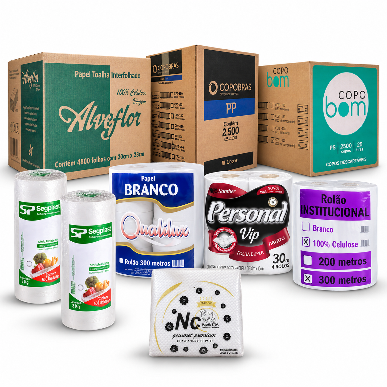 Produtos descartáveis profissionais: papel toalha, papel higiênico, copos, guardanapos e sacos